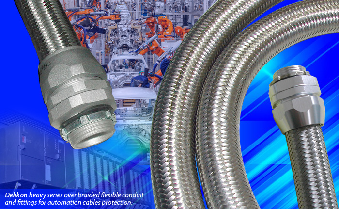 Delikon, experts in the manufacture of heavy series over braided flexible conduit and fittings for industry automation power and data cables protection. Our flexible conduit systems offer reliable cable protection solutions for PLC, sensors, machining centers, industry robots and other demanding industrial applications.