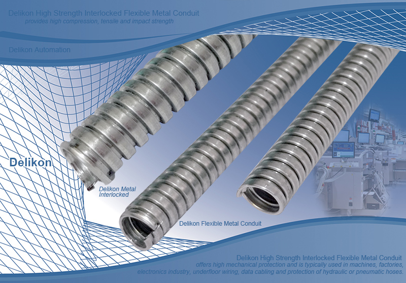 Delikon High Strength Interlocked Flexible Metal Conduit offers high mechanical protection as well as inherent flame retardant properties and is typically used in machines, factories, electronics industry, underfloor wiring, data cabling and protection of hydraulic or pneumatic hoses.