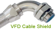Delikon VFD Cable EMI RFI Shielding Heavy Series Over Braided Flexible Conduit and EMI RFI Shield Termination Heavy Series Connector is ideal for harsh environment VFD applications where a longer lasting cable is desired or where cable flexibility during use or installation is critical. Designed specifically for variable frequency drives cable and to withstand the harsh environment of typical VFD systems.